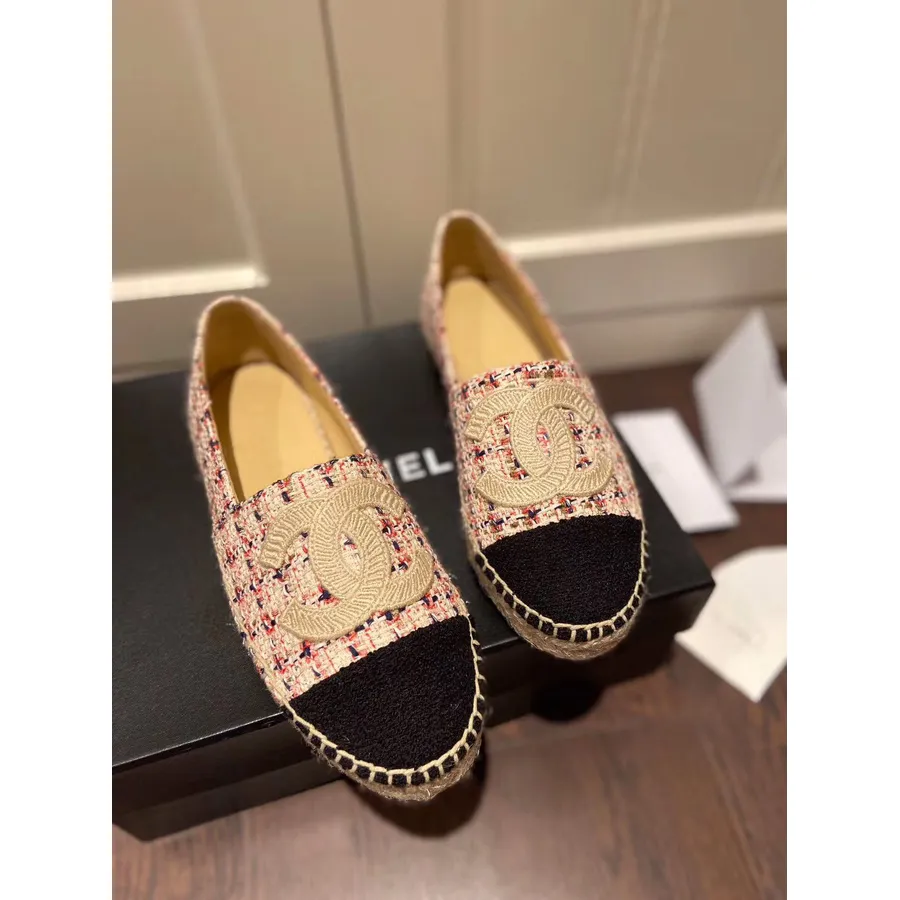 Chanel Tweed/grosgrain Espadrilles Báránybőr 2020 Tavaszi/nyári Kollekció, Piros/fekete