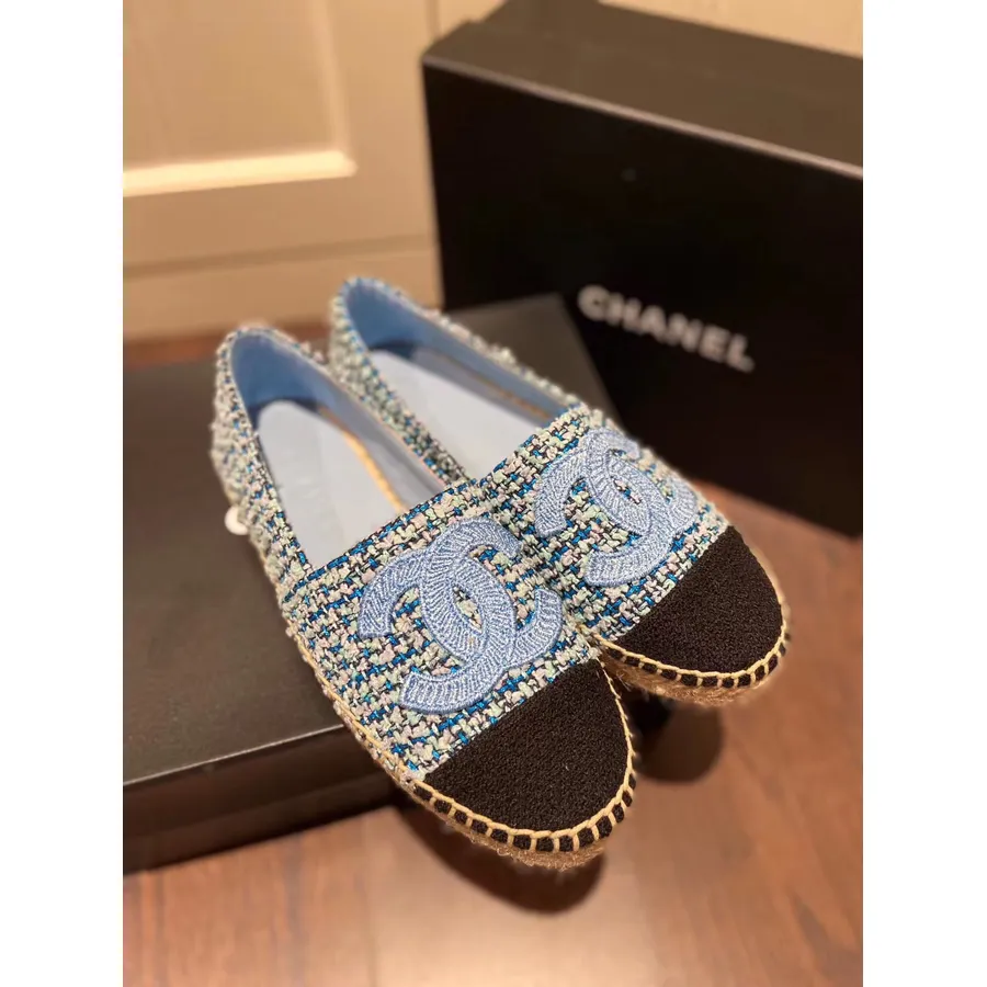 Chanel Tweed/grosgrain Espadrill Báránybőr 2020 Tavaszi/nyári Kollekció, Világoskék/fekete