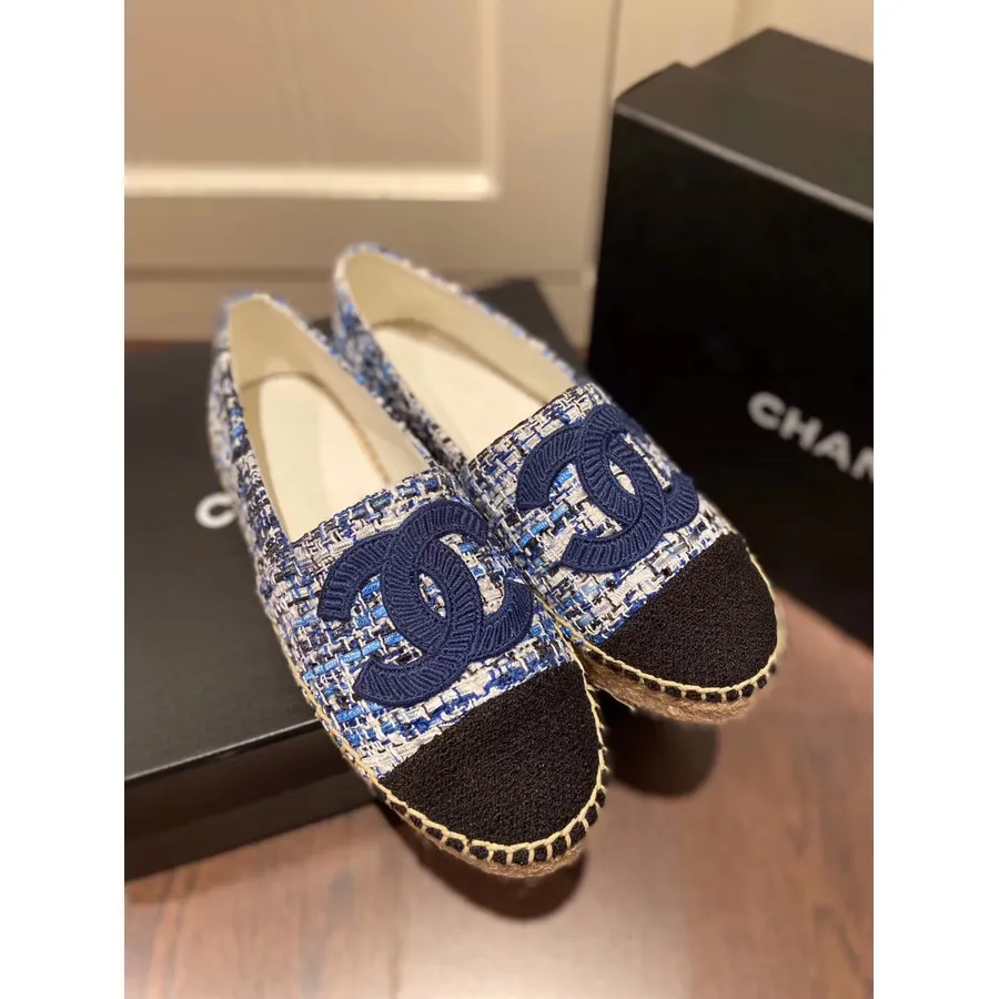 Chanel Tweed/grosgrain Espadrill Báránybőr 2020 Tavaszi/nyári Kollekció, Sötétkék/fekete