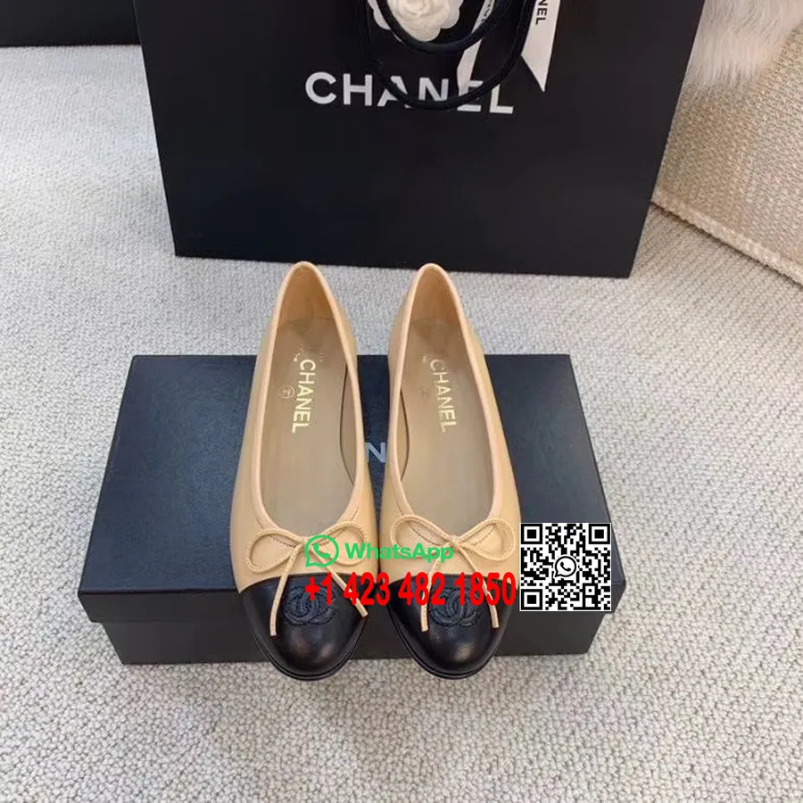 Balerini Chanel Piele De Vitel Colectia Primavara/vara 2020, Bej/negru