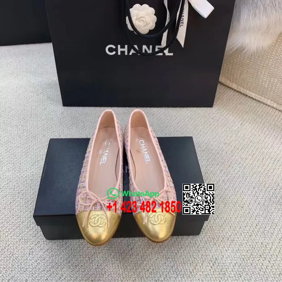 Chanel Balerina Lapos Tweed és Grosgrain Borjúbőr 2020 Tavaszi/nyári Kollekció, Világos Rózsaszín/arany