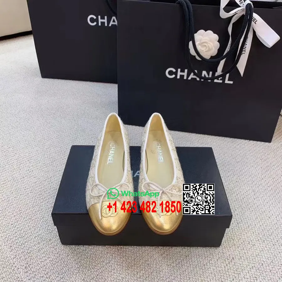 Bailarinas Chanel Colección Primavera/verano 2020 De Piel De Becerro De Tweed Y Grosgrain, Dorado/beige