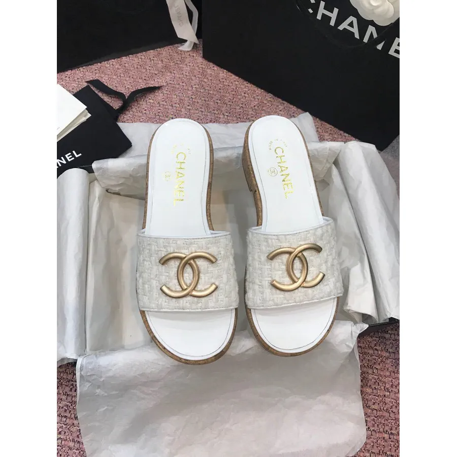 Chanel Tweed Mule Sandales Cuir De Veau Collection Printemps/été 2020 Acte 2, Blanc