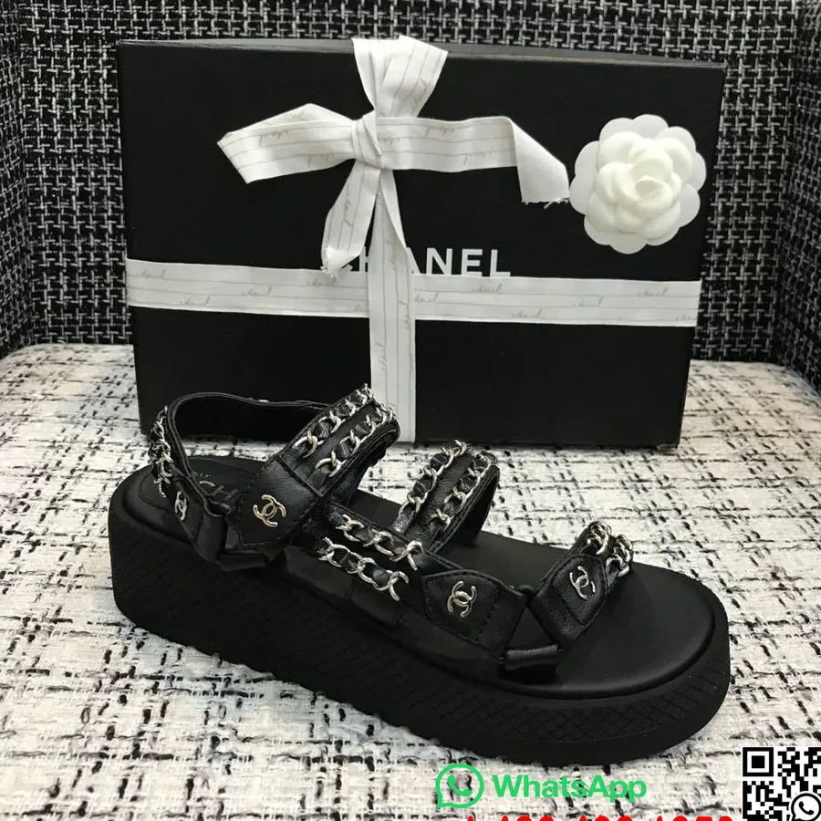 Chanel Chain Embroidered Platform Sandals Calfskin Leather Spring/Summer 2020 Act 1 Collection,  Black