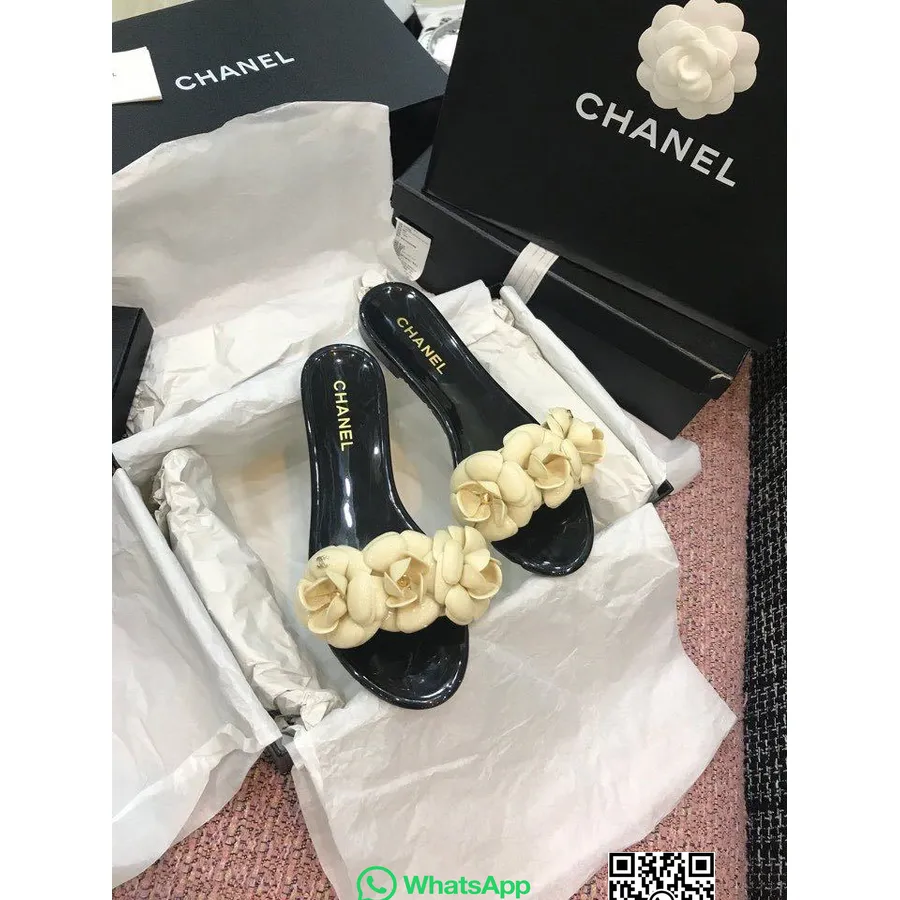 Chanel Camelia Flower Pvc Jelly Sandaler Vår/sommer 2020 Kolleksjon, Svart/beige