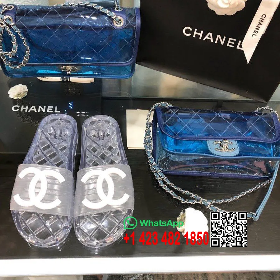 Chanel Glancēts Caurspīdīgs Cc Logotips Pvc Baseina Mūļi/slaidi 2020. gada Pavasara/vasaras Kolekcija, Caurspīdīga