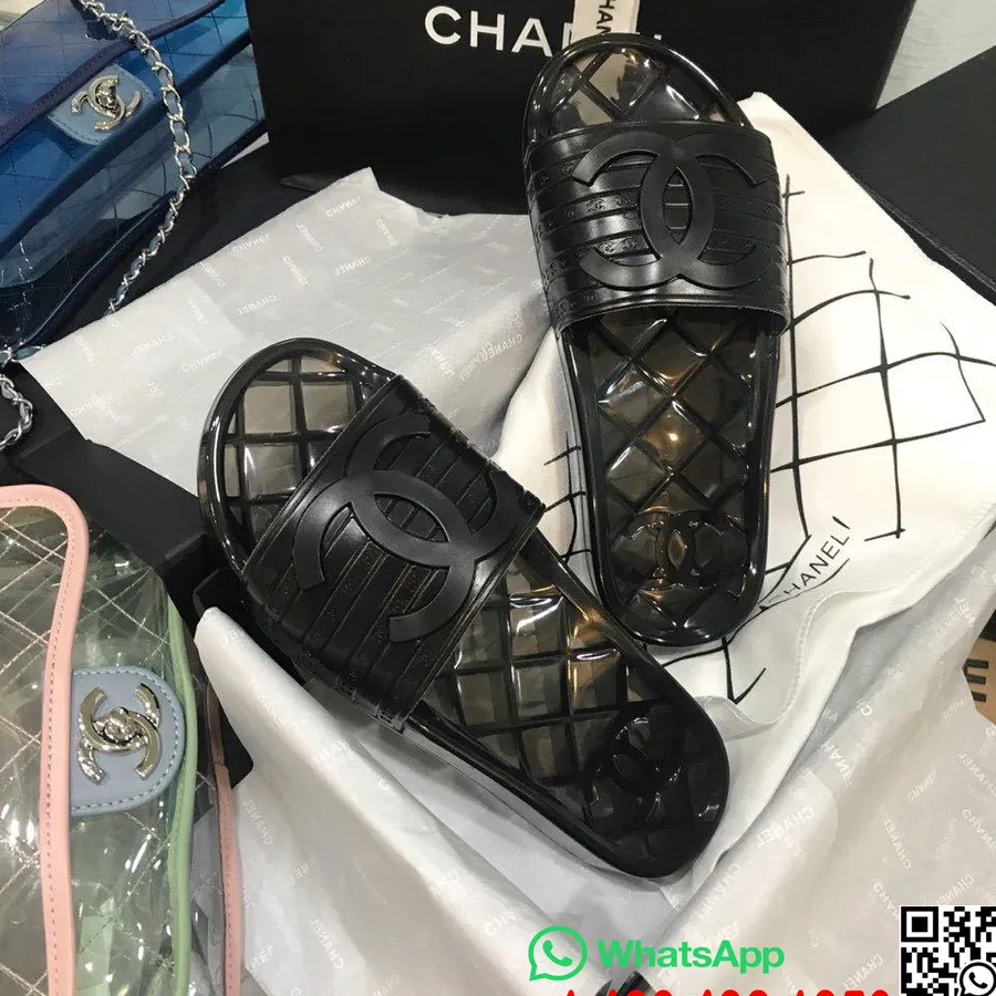 Chanel Glancēts Caurspīdīgs Cc Logotips Pvc Baseina Mūļi/slaidi 2020. gada Pavasara/vasaras Kolekcija, Melna