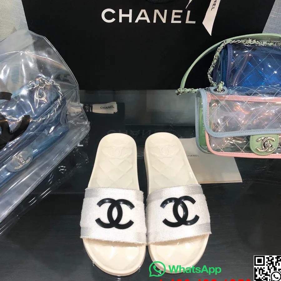 Chanel Stof Gennemsigtigt Cc Logo Pvc Pool Muldyr/slides Forår/sommer 2020 Kollektion, Hvid/sort