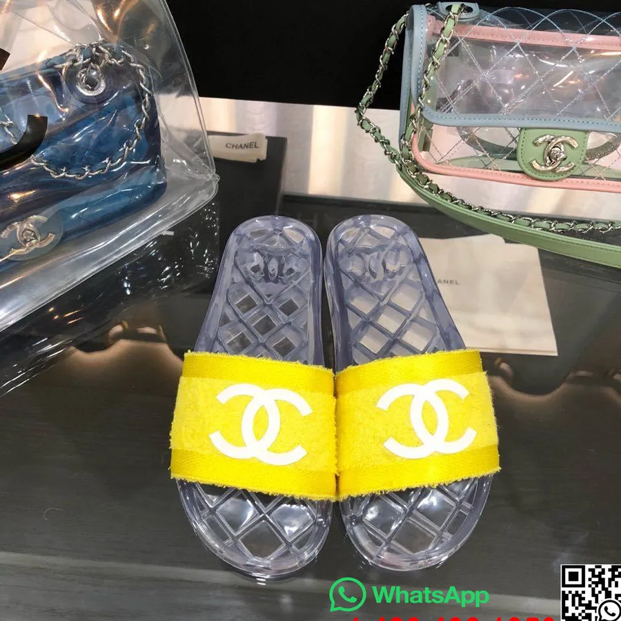 Chanel Stof Gennemsigtigt Cc Logo Pvc Pool Muldyr/slides Forår/sommer 2020 Kollektion, Gul