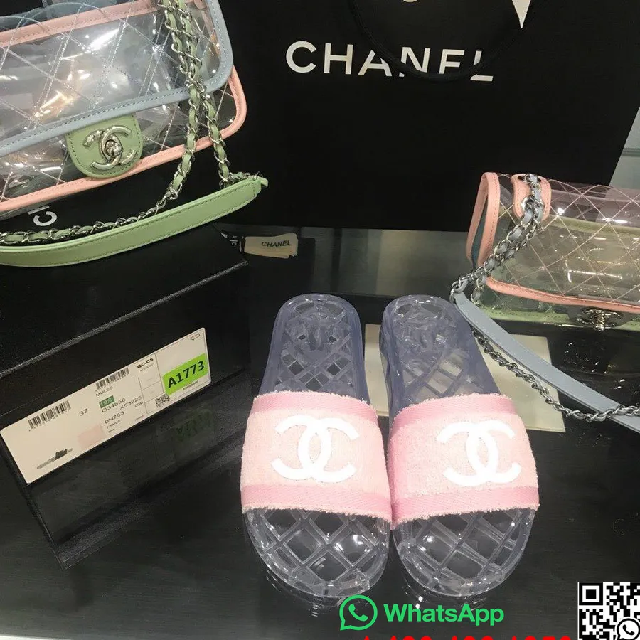 Chanel Stoff Gjennomsiktig Cc Logo Pvc Basseng Muldyr/lysbilder Vår/sommer 2020 Kolleksjon, Lys Rosa