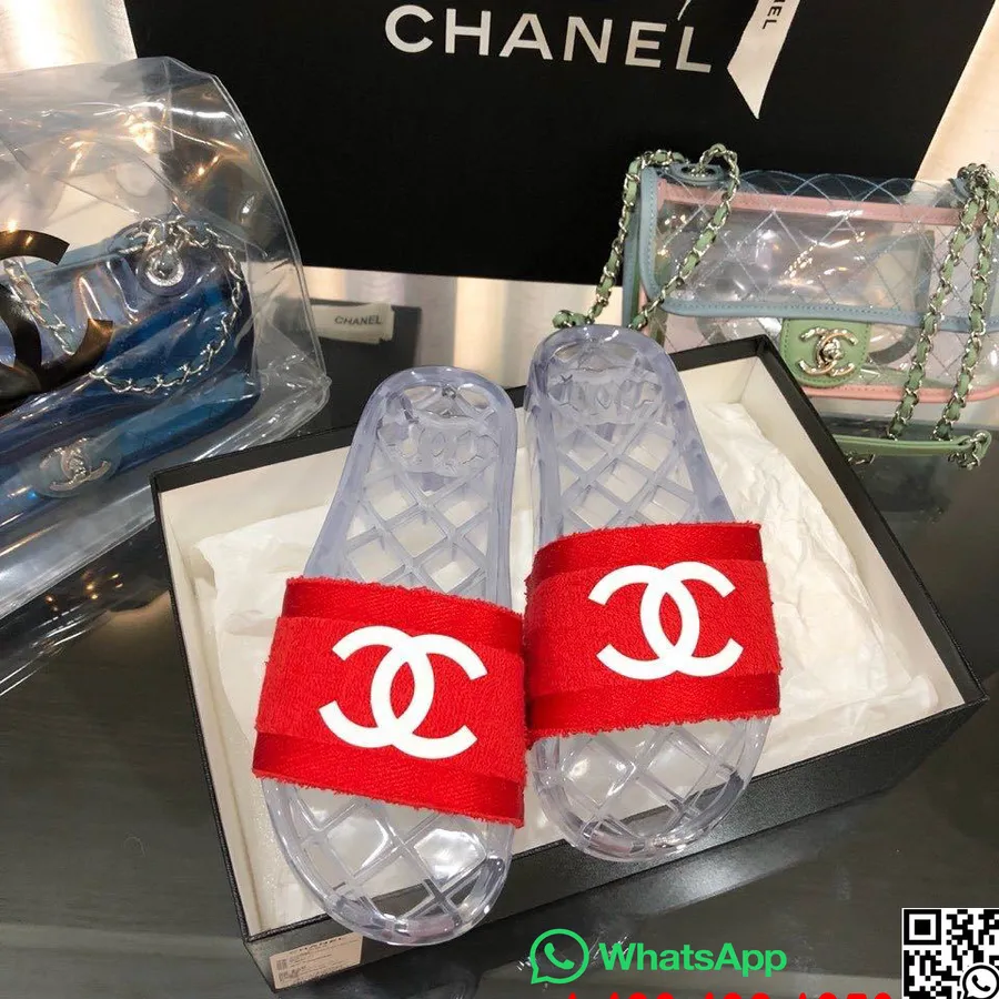 Chanel Stof Gennemsigtigt Cc Logo Pvc Pool Muldyr/slides Forår/sommer 2020 Kollektion, Rød