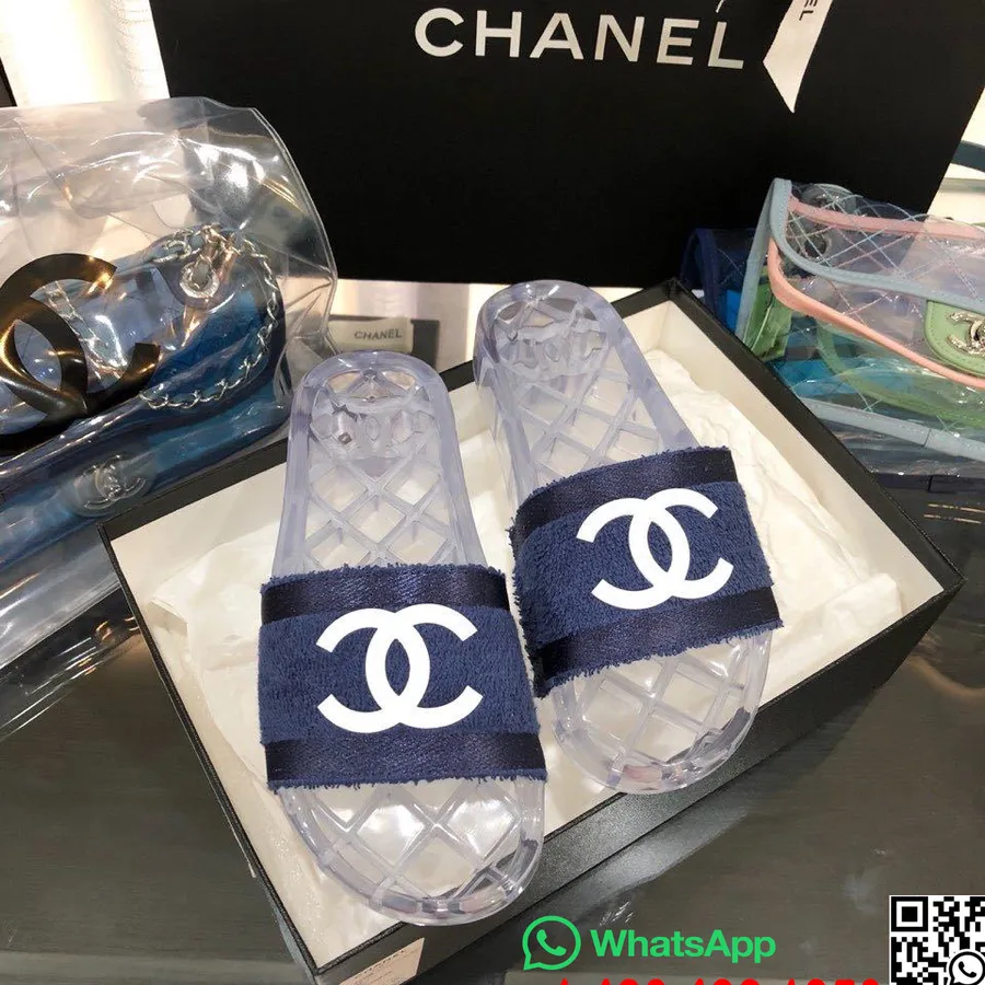 Chanel Stof Gennemsigtigt Cc Logo Pvc Pool Mule/slides Forår/sommer 2020 Kollektion, Marineblå