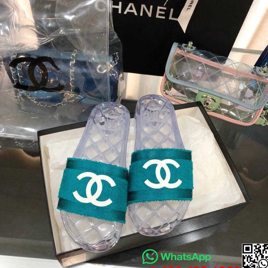 плат Chanel прозрачно Cc лого Pvc мулета/пързалки за басейн колекция пролет/лято 2020, синьо