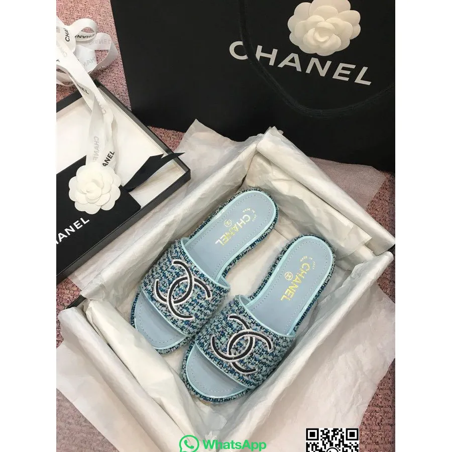 Chanel Tweed Cc Logo Sandale Mule Piele De Vițel Colecția Primăvară/vară 2020 Act 2, Albastru