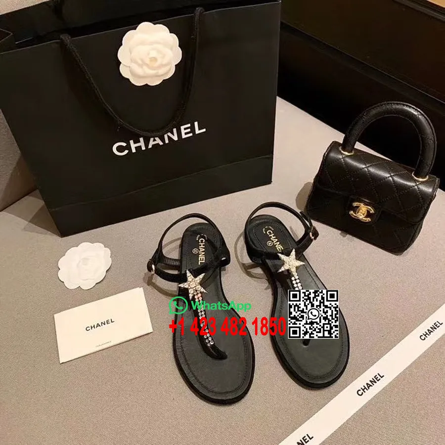 Chanel Jeweled Star Tangá Sandále Teľacia Koža Kolekcia Jar/leto 2020, čierna