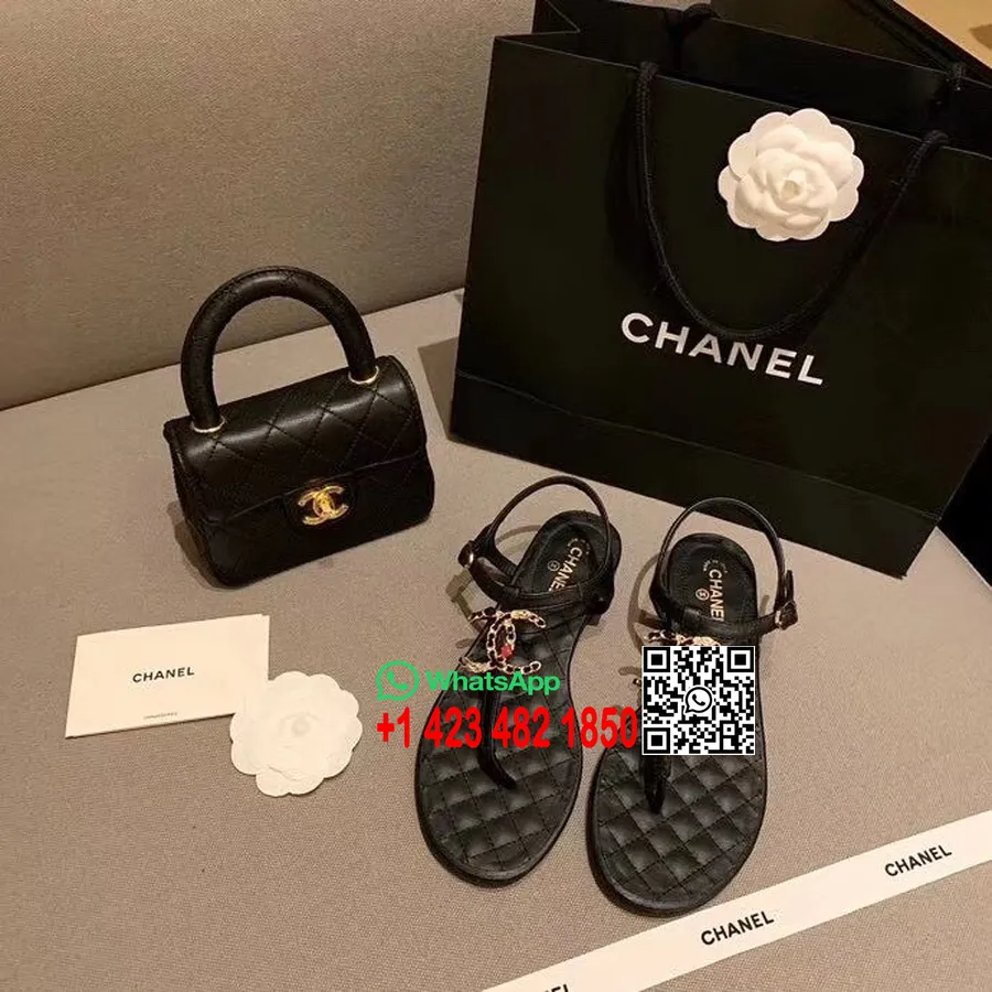 Chanel Cc Logo Quiltede String Sandaler Kalveskind Forår/sommer 2020 Act 2 Kollektion, Sort