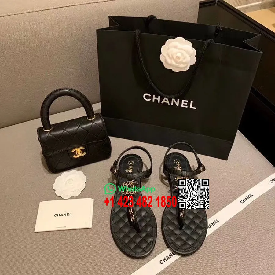 Chanel Cc Logotyp Quiltade Stringsandaler Kalvskinn Vår/sommar 2020 Akt 2 Kollektion, Svart