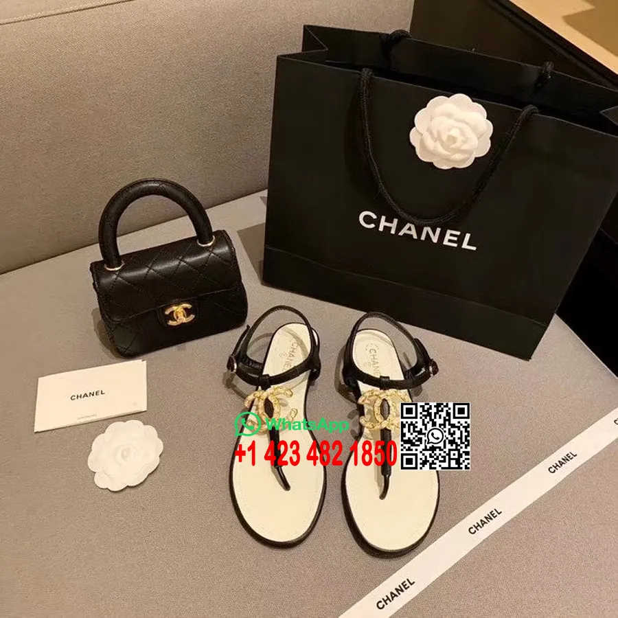 Chanel Cc Logo Zehenstegsandalen Kalbsleder Frühjahr/sommer 2020 Act 2 Kollektion, Weiß/schwarz