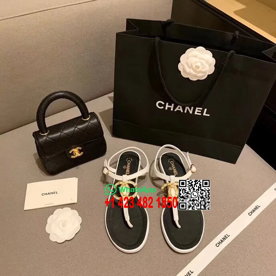 Chanel CC Logo Thong Sandals Calfskin Leather Spring/Summer 2020 Act 2  Collection, Black/White