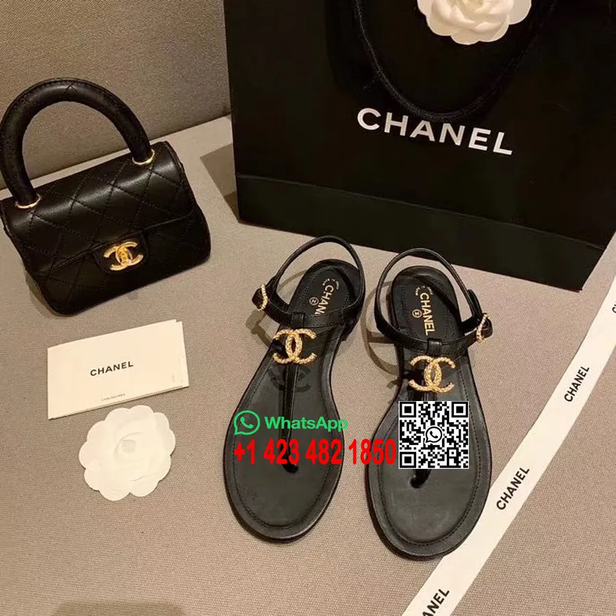 Chanel Cc Logo Thong Sandaler Kalveskinn Vår/sommer 2020 Act 2 Kolleksjon, Svart