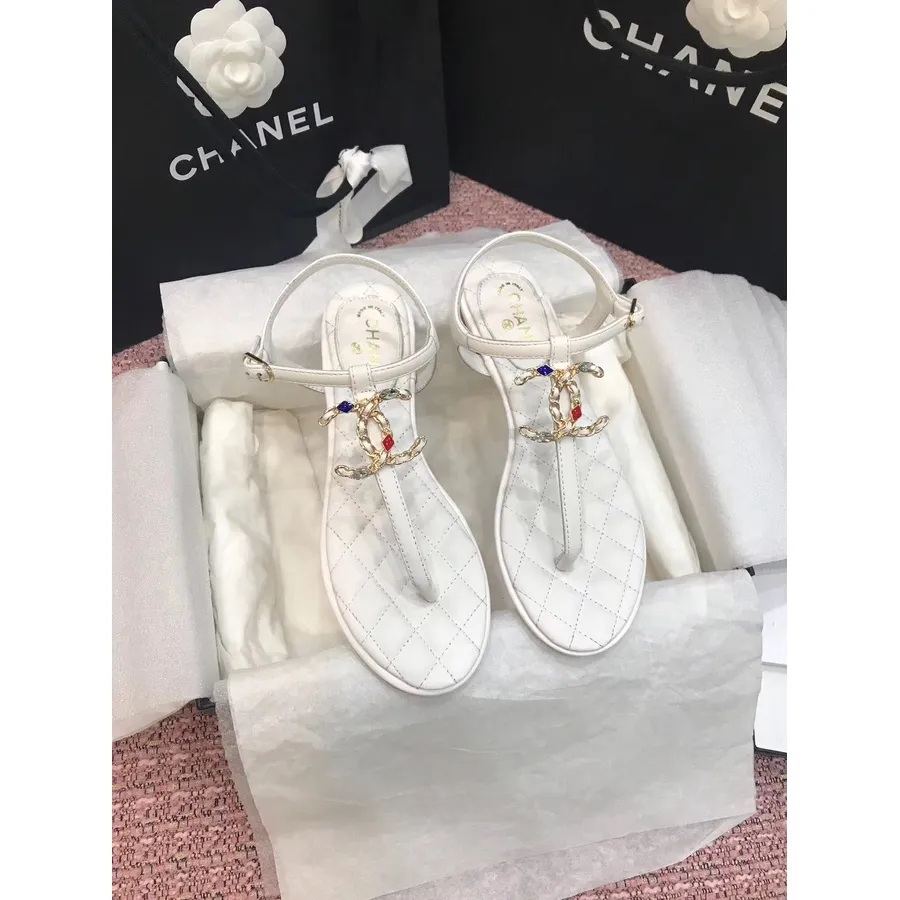 Chanel Cc Logo Zehenstegsandalen Kalbsleder Frühjahr/sommer 2020 Act 2 Kollektion, Weiß