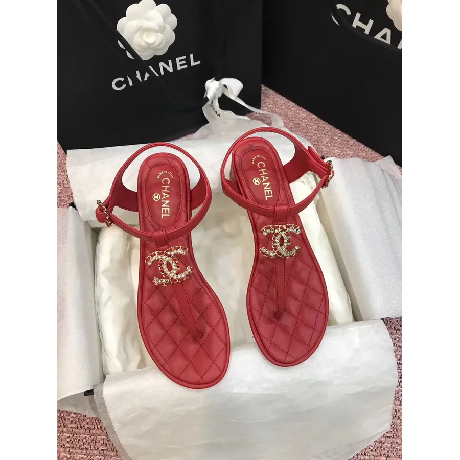 Chanel CC Logo Thong Heeled Sandals Calfskin Leather Spring/Summer 2020 Act 2 Collection, Red