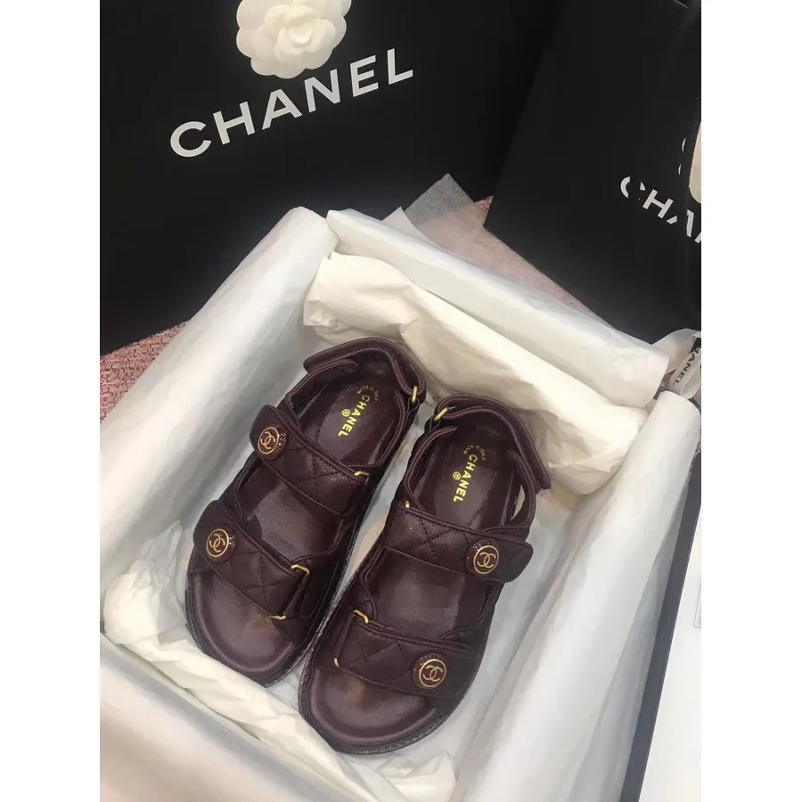 Chanel Velcro Beach Sandals Calfskin Leather Spring/Summer 2020 Act 2 Collection, Bordeaux