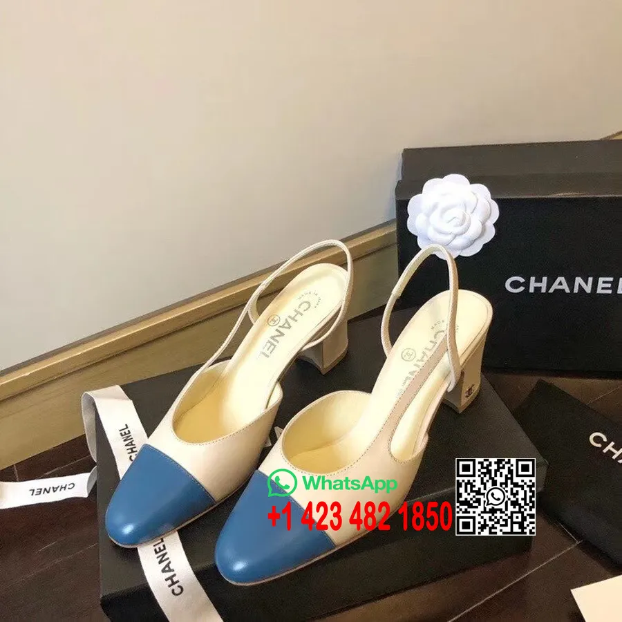 Pantofi Chanel Tweed Slingback Piele De Vițel Colecția Primăvară/vară 2020, Bej/bleumarin