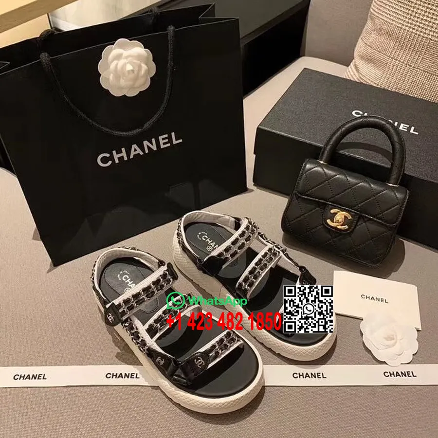 Chanel-plateausandalen Mit Kettenstickerei, Kalbsleder, Frühjahr/sommer 2020, Act 1-kollektion, Schwarz/weiß