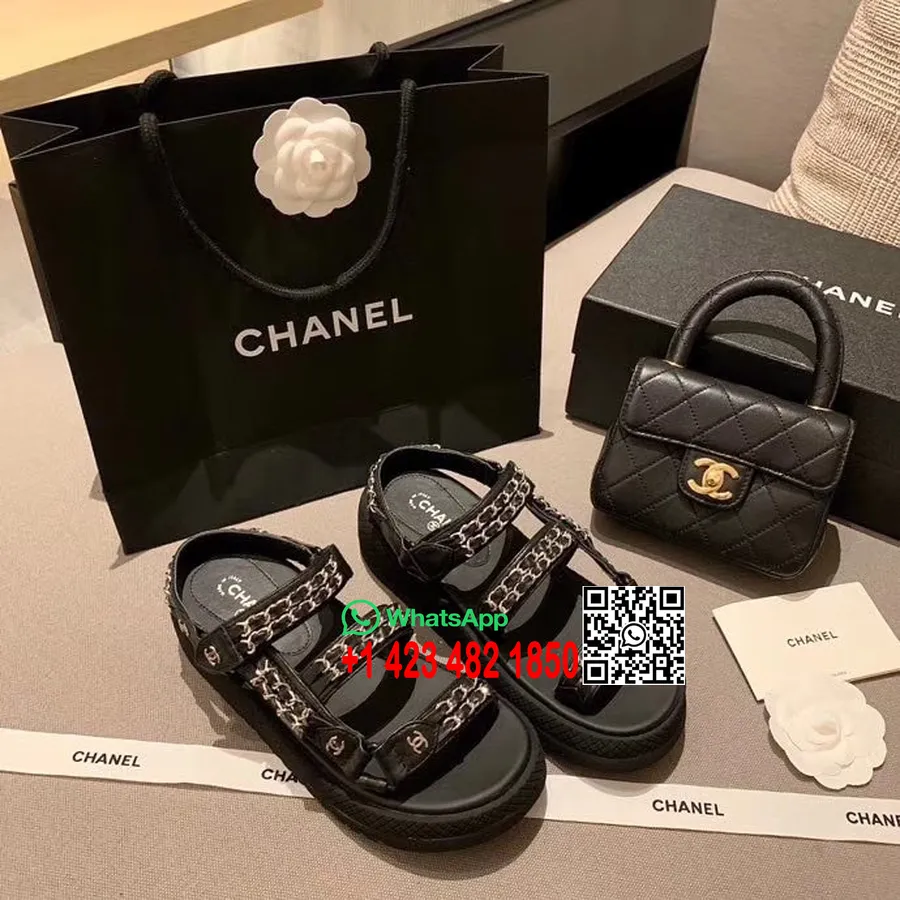 Chanel-plateausandalen Mit Kettenstickerei, Kalbsleder, Frühjahr/sommer 2020, Act 1-kollektion, Schwarz