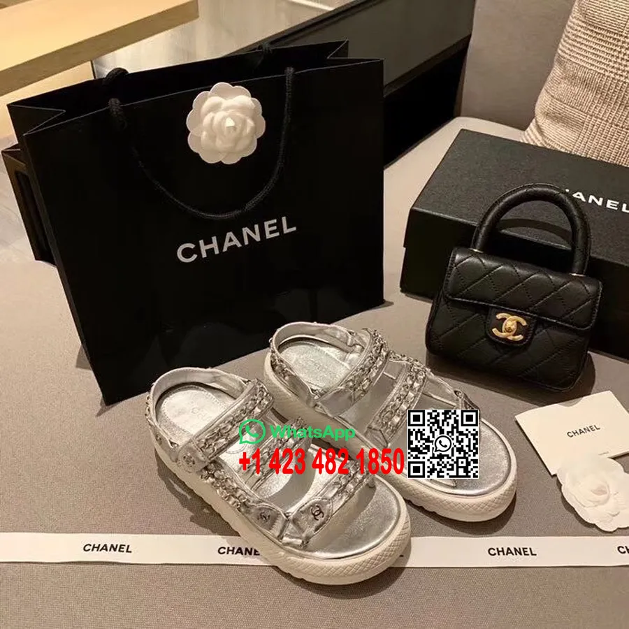 Chanel-plateausandalen Mit Kettenstickerei, Kalbsleder, Frühjahr/sommer 2020, Act 1-kollektion, Silber