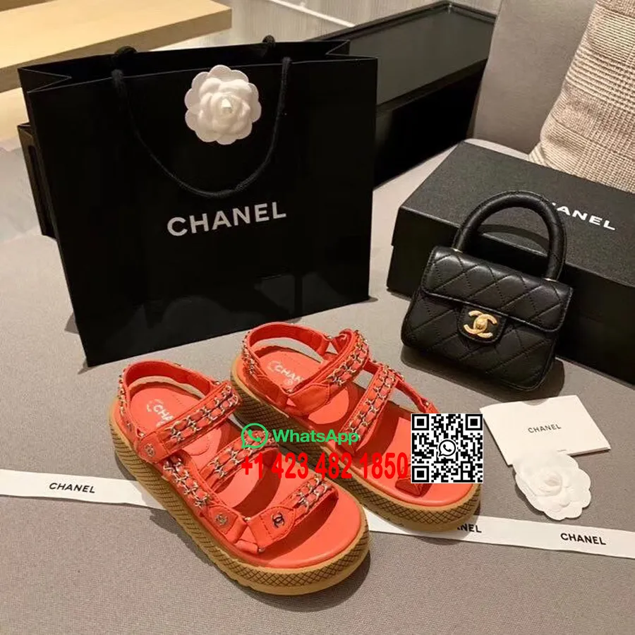 Chanel-plateausandalen Mit Kettenstickerei, Kalbsleder, Frühjahr/sommer 2020, Act 1-kollektion, Rot