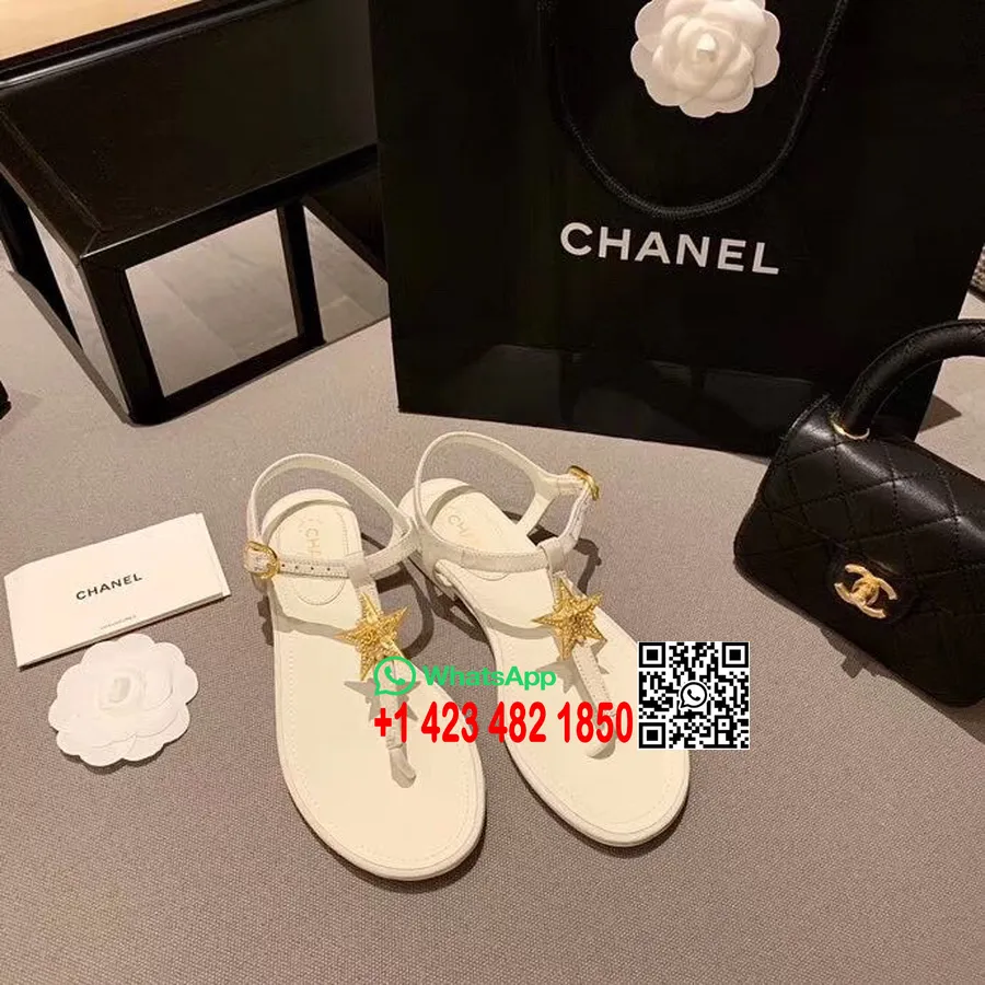 Chanel Star Logo Thong Sandaler Kalveskinn Vår/sommer 2020 Akt 1 Kolleksjon, Hvit