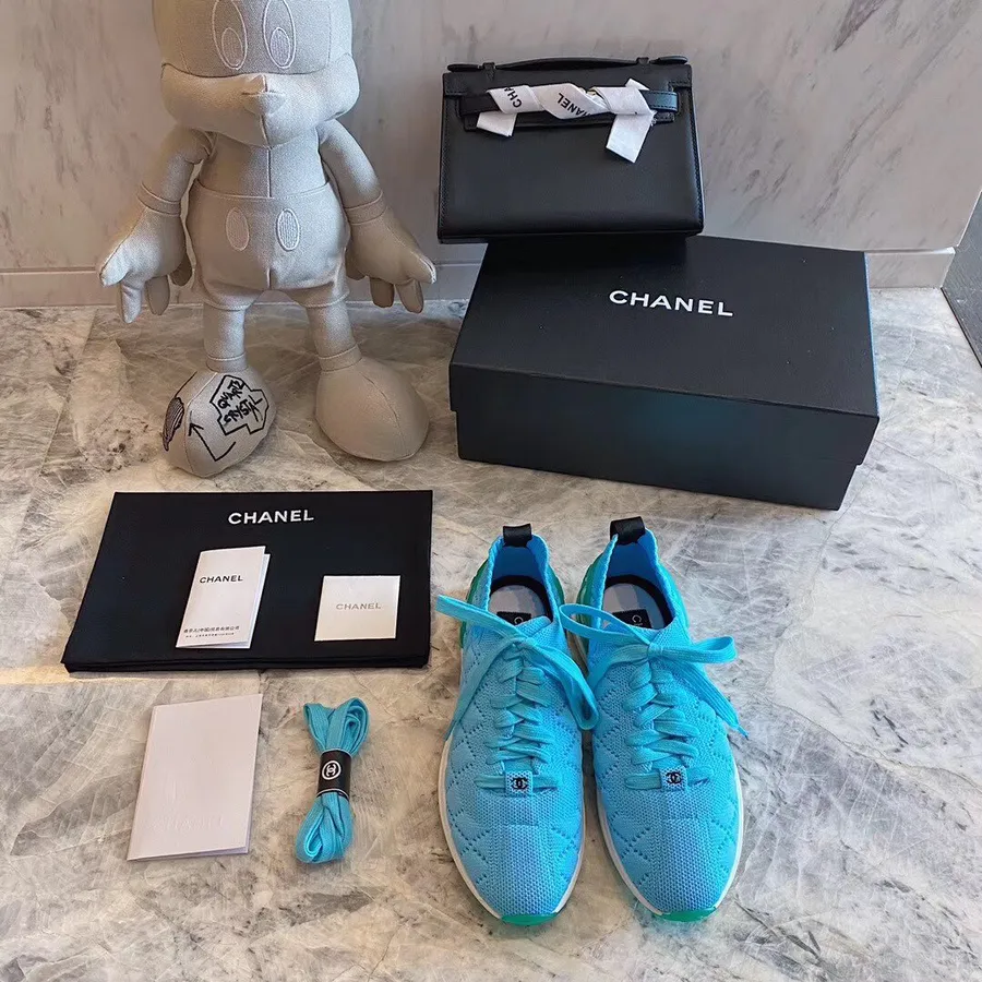 Chanel Sock Knit Trainer Sneakers Kalbsleder Frühjahr/Sommer 2020 Act 1 Kollektion, Blau/grün