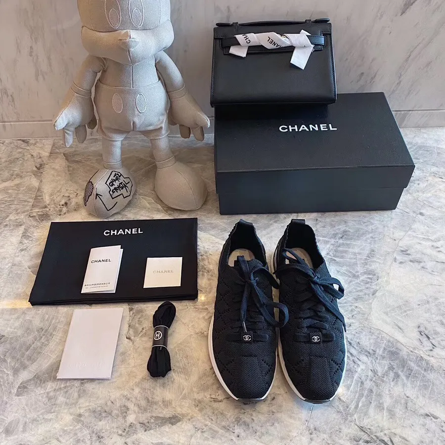 Chanel Sock Knit Trainer Sneakers Kalbsleder Frühjahr/Sommer 2020 Act 1 Kollektion, Schwarz