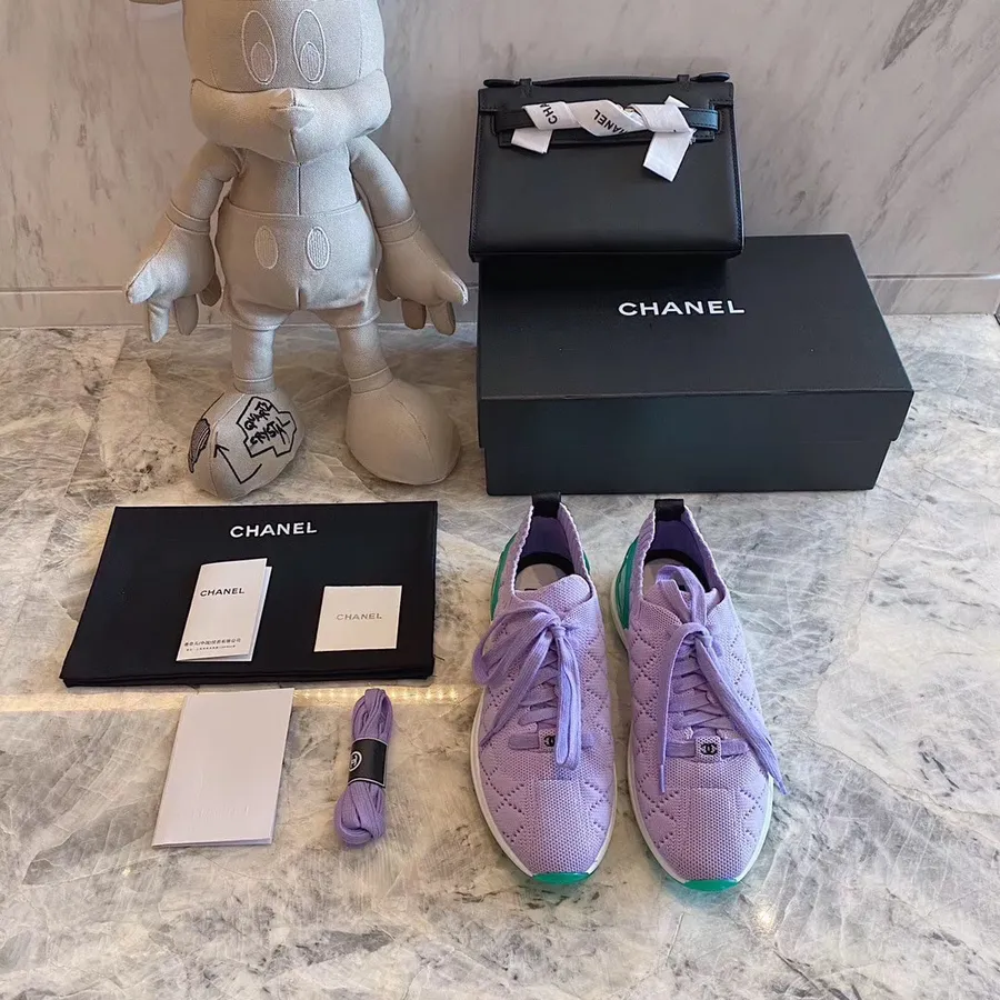 Chanel Sock Knit Trainer Sneakers Calfskin Leather Spring/Summer 2020 Act 1 Collection, Purple/Green