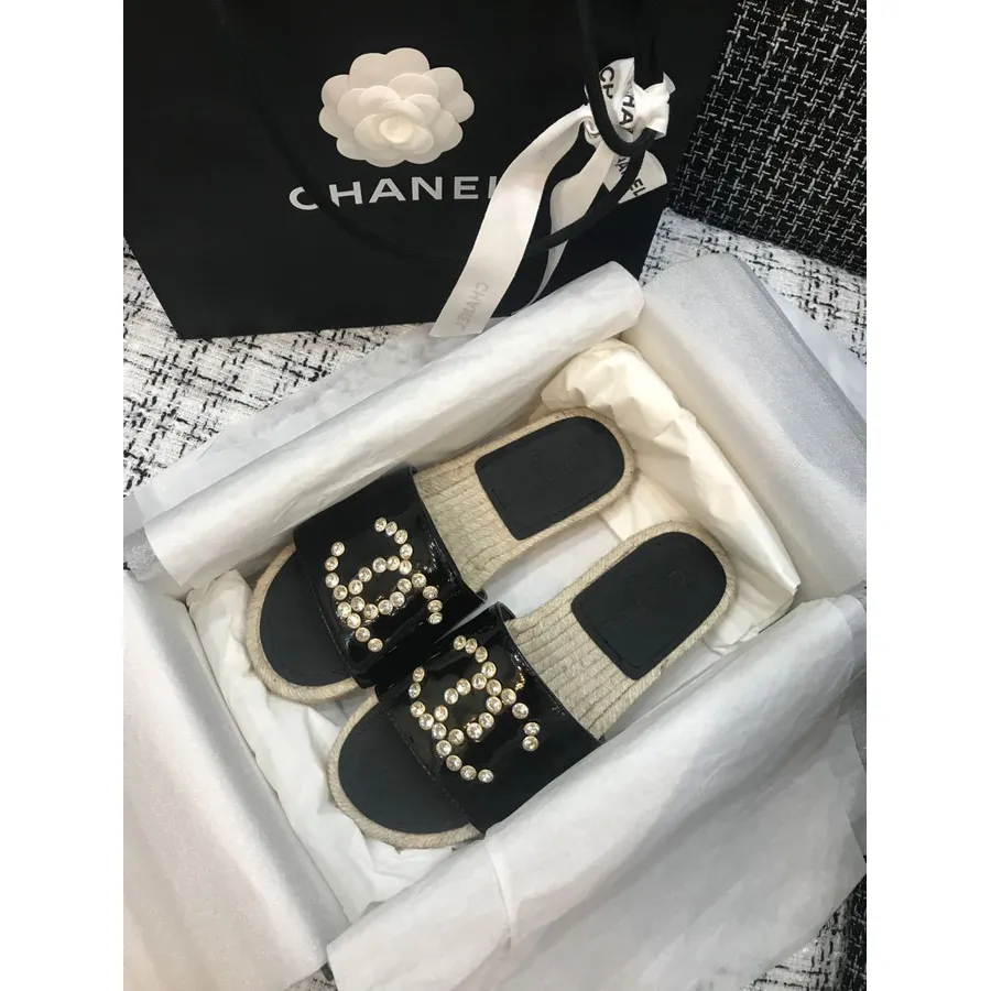 Chanel Mücevherli Cc Logo Espadrille Terlik Rugan Ilkbahar/yaz 2020 Koleksiyonu, Siyah