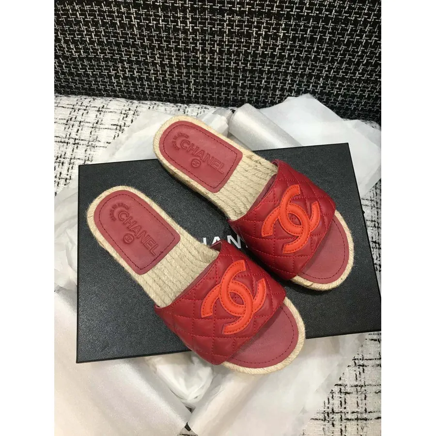 Chanel Steppelt Cc Logó Espadrille Papucs Borjúbőr 2020 Tavaszi/nyári Kollekció, Bordó/piros