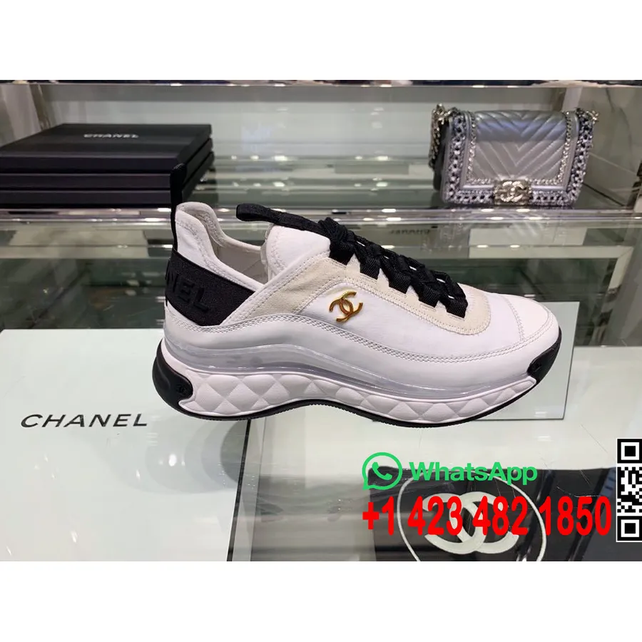 Chanel Sock Knit Sneakers Calfskin Leather Fall/Winter 2019 Collection, White/Black