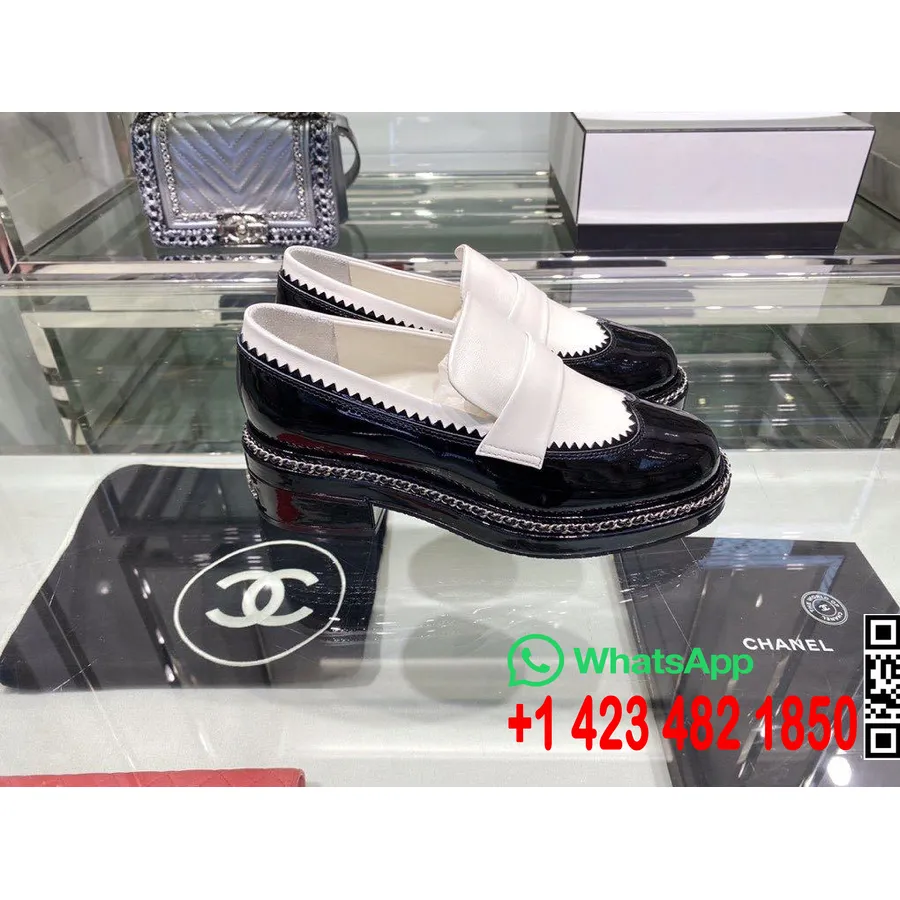 Chanel Chain Embroidered Loafers Calfskin Leather Fall/Winter 2019 Collection, White/Black