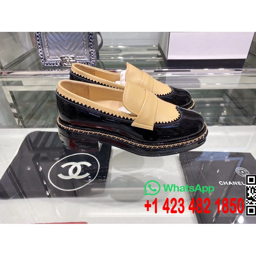 Mocasini Brodati Lant Chanel Piele De Vitel Colectia Toamna/iarna 2019, Maro/negru