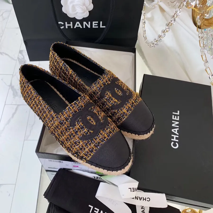 Espadrile Chanel Tweed și Piele De Vițel Grosgrain Colecția Pre-toamnă/iarnă 2019, Negru/auriu