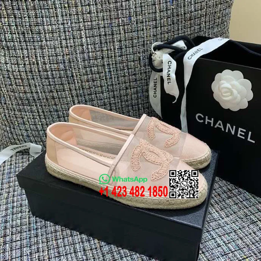 Chanel Cc Logo Mesh & Grosgrain Transparente Espadrilles Lammleder Frühjahr/sommer 2019 Akt 1 Kollektion, Hellrosa