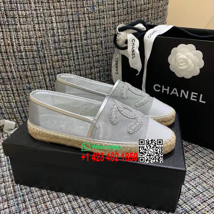 Chanel Cc Logo Mesh & Grosgrain Transparente Espadrilles Lammleder Frühjahr/sommer 2019 Act 1 Kollektion, Silber