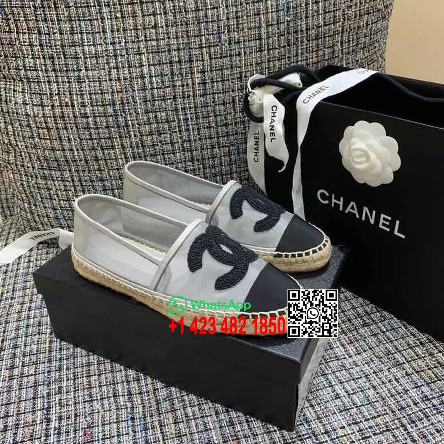 Chanel Cc Logo Mesh & Grosgrain Transparente Espadrilles Lammleder Frühjahr/sommer 2019 Act 1 Kollektion, Weiß/schwarz