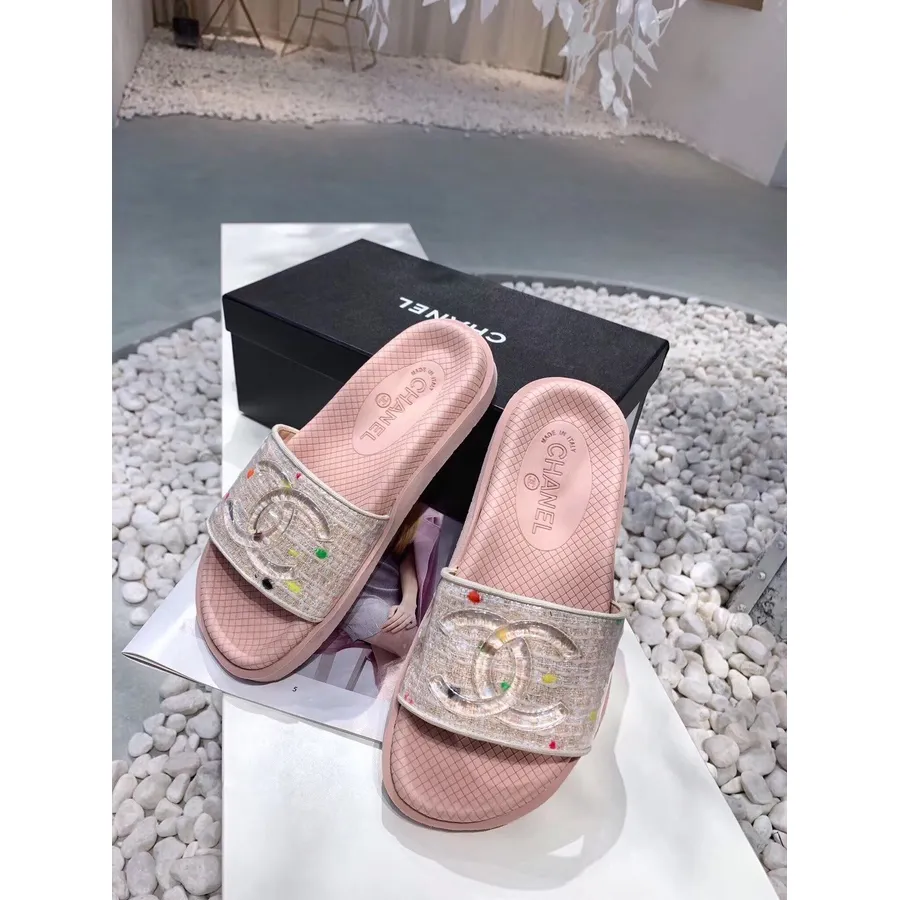 Chanel Pool Slidesandaler Gummi/tweed Vår/sommer 2019 Kolleksjon, Rosa