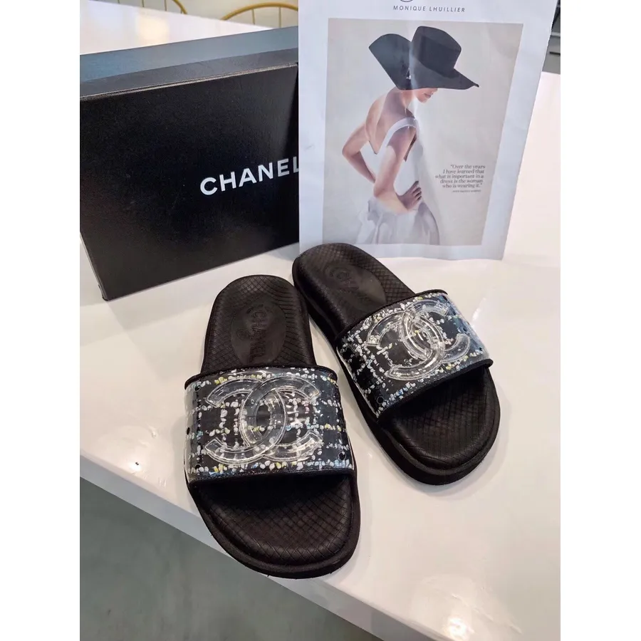 Chanel Pool Slidesandaler Gummi/tweed Vår/sommer 2019 Kolleksjon, Svart