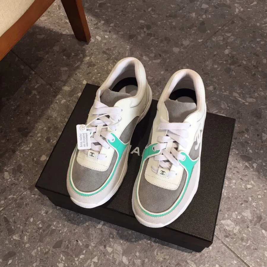 Chanel Nylon Trainer Sneakers G34360 Lambskin & Suede Leather Spring/Summer 2019 Collection, White/Grey/Turquoise