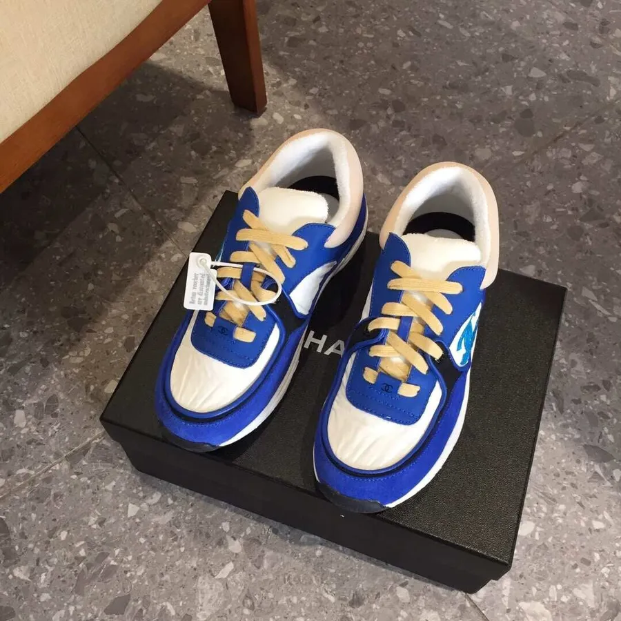 Chanel Nylon Trainer Sneakers G34360 Lambskin & Suede Leather Spring/Summer 2019 Collection, Blue/White/Yellow