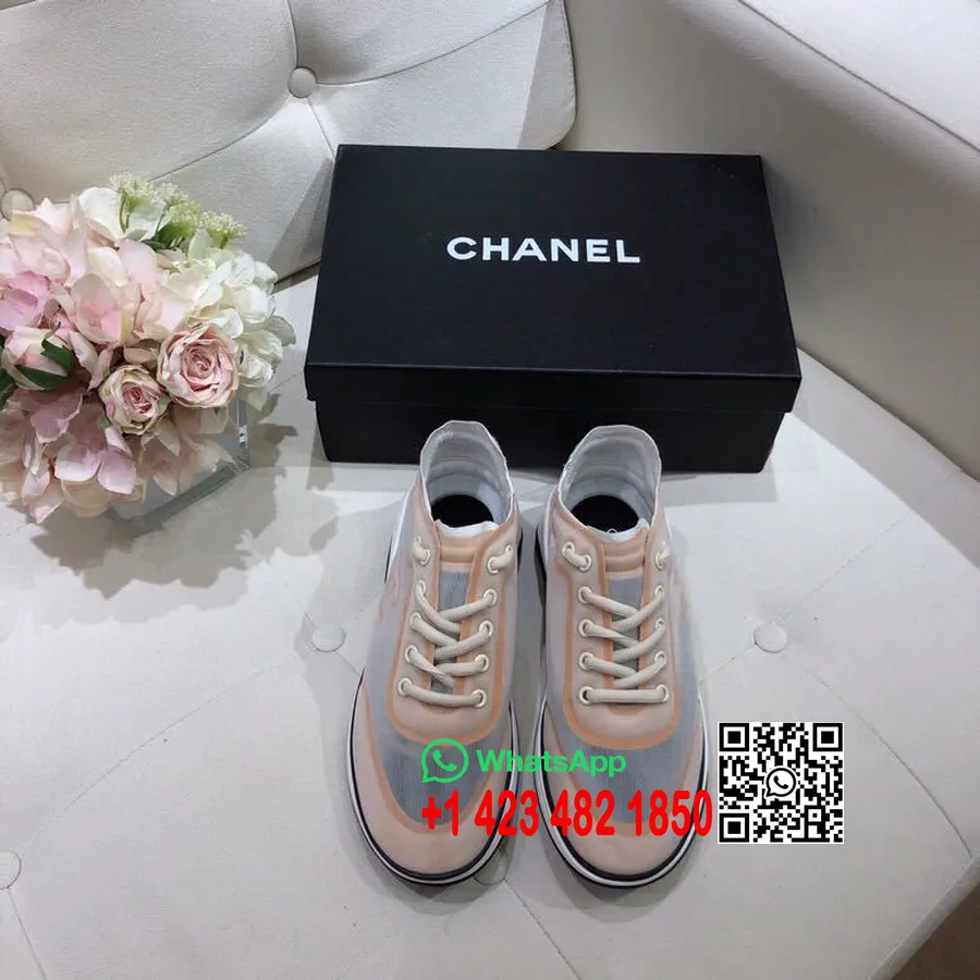 Повседневные кроссовки Chanel из сетки и ткани G34763 из коллекции весна/лето 2019, бежевые.